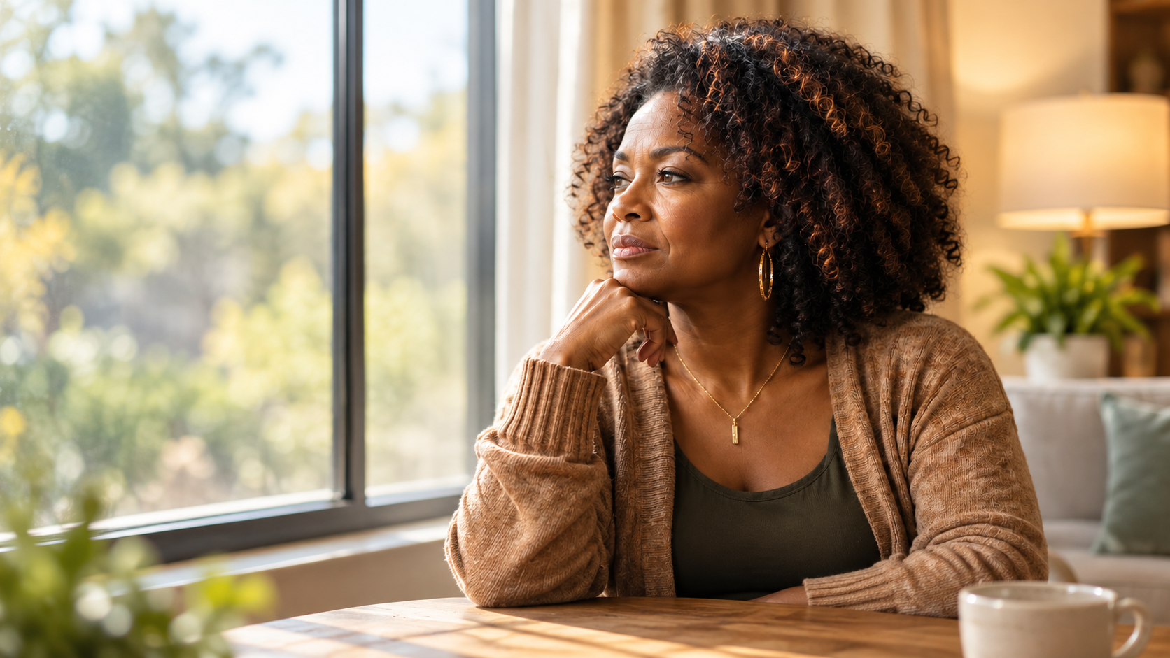 A woman in warm natural light, peaceful and present